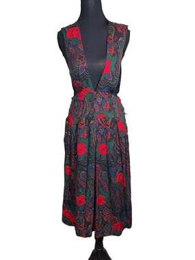 Vintage Plaid Paisley Rose Green and Red Pinafore 29in Waist Cottagecore Boho